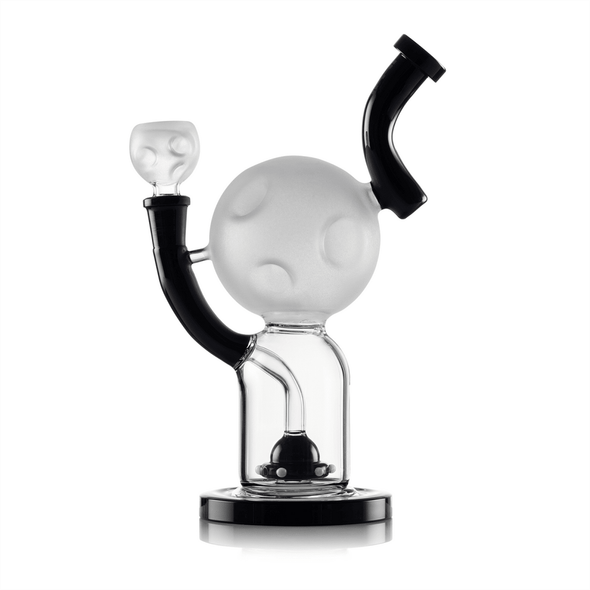 Hemper Moon XL glass water pipe with frosted cratered moon chamber and matching bowl, side view