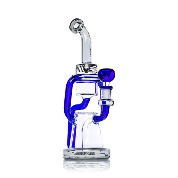 Blue Hemper Cyberpunk XL glass recycler water pipe with curved neck and matching blue bowl, angled view