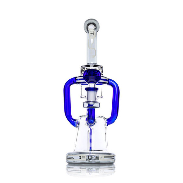 Front view of the Blue Hemper Cyberpunk XL glass recycler water pipe with colored tubes and curved neck