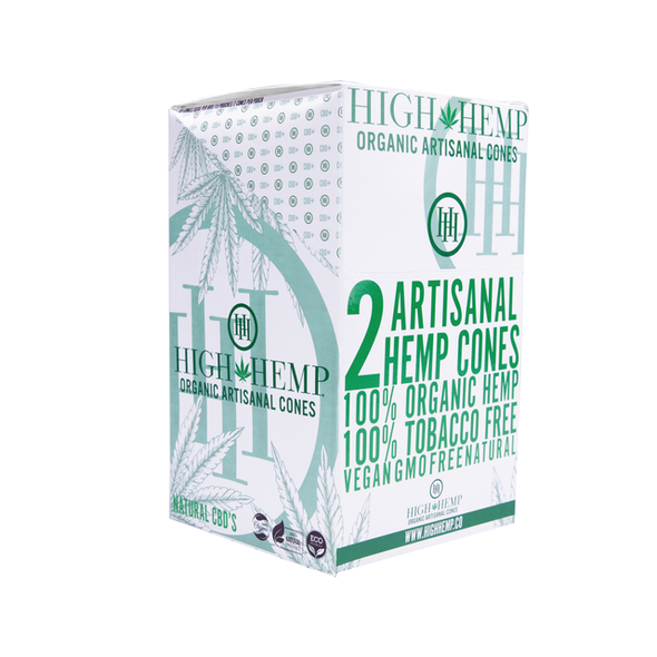 High Hemp Organic Artisanal Cones box with white-and-green packaging and a prominent two-cone label