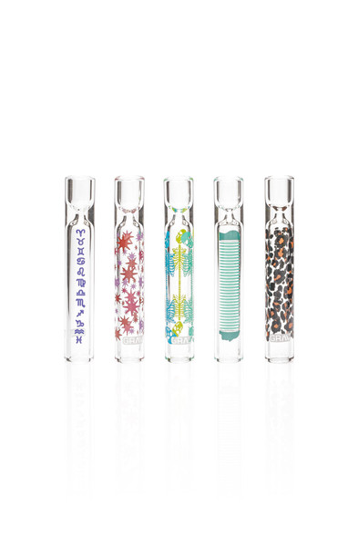Five clear GRAV Patterns tasters with zodiac symbols, starbursts, skeletons, stripes, and leopard-print graphics.