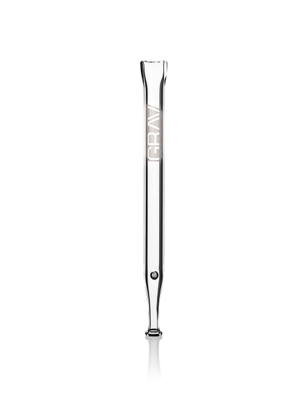 Upright GRAV quartz vape straw with a white logo, tapered tip, and clear marble on the side.