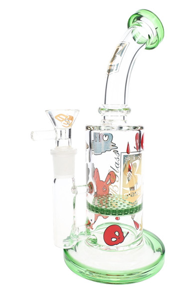 Reverse view of 6B Glass water pipe showing character decals, gold branding, and green honeycomb perc.