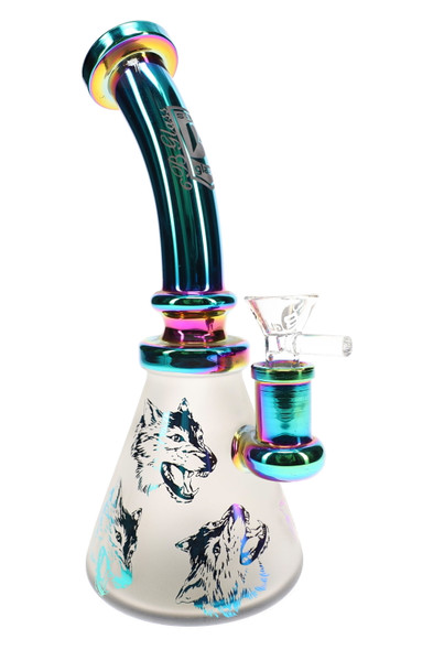 6B Glass frosted beaker water pipe with wolf graphics, rainbow metallic accents, curved neck, and clear bowl.