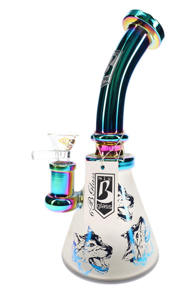 Reverse view of 6B Glass wolf beaker showing frosted chamber, metallic neck, clear bowl, and hanging brand tag.