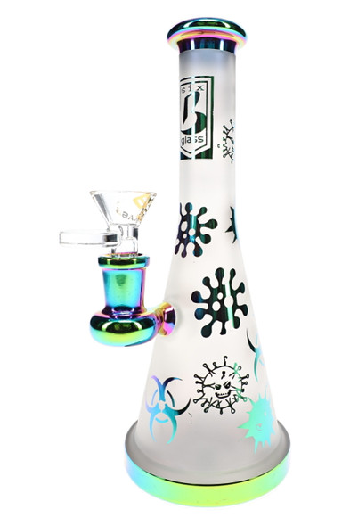 Reverse view of 6B Glass frosted beaker showing metallic biohazard symbols, germ graphics, and straight neck.