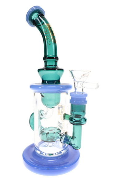 6B Glass recycler water pipe with teal and lavender accents, curved neck, clear chamber, and showerhead perc.