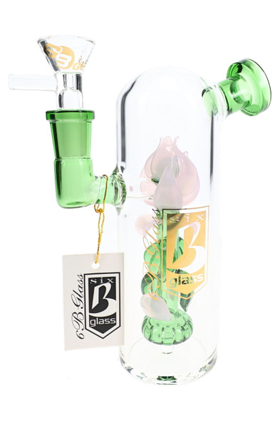 Reverse view of 6B Glass rose chamber water pipe showing gold branding, green side connection, and brand tag.