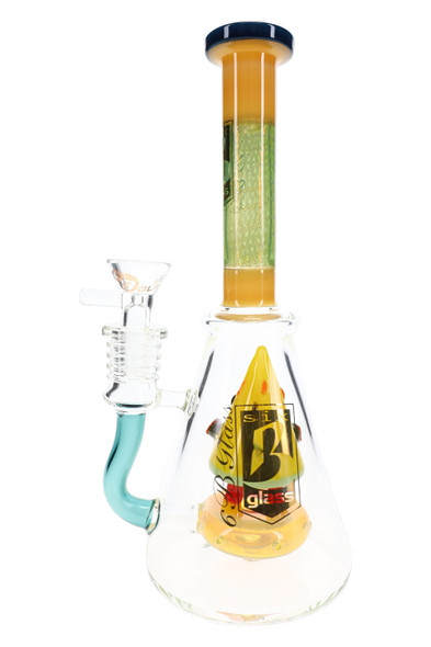 Reverse view of 6B Glass character beaker showing gold branding, bubble detailing on the neck, and teal connection.