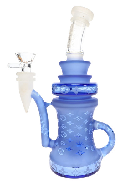 Reverse view of blue 6B Glass frosted recycler showing the external loop, patterned body, and glossy base band.