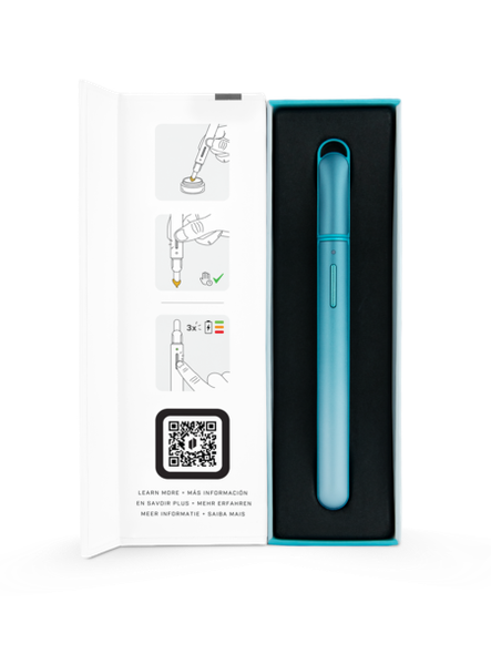 Puffco Glacier Hot Knife with cap on, seated inside its open white and turquoise retail box