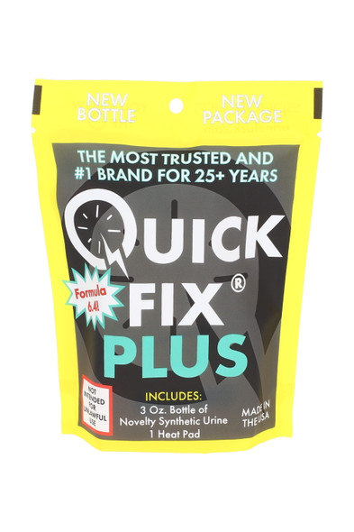 Quick Fix Plus 3 oz pouch, yellow/black front view—wholesale novelty kit with temp strip and heat pad callouts on packaging. Quick Fix Plus 3 oz pouch, yellow/black front view—wholesale novelty kit with temp strip and heat pad callouts on packaging.
