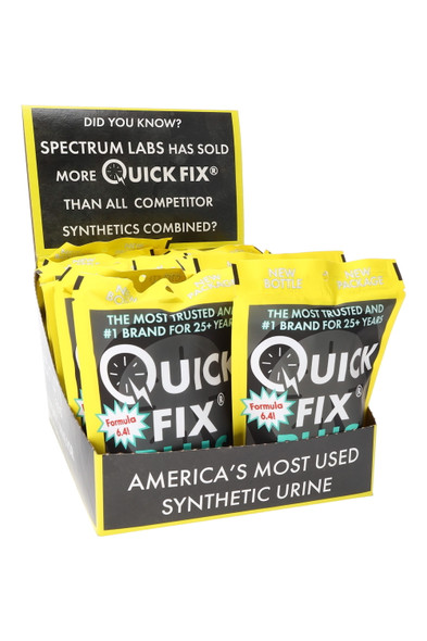 Display of 14 Quick Fix Plus 3 oz pouches, yellow/black, left-front—shelf-ready wholesale tray for head-shop impulse buys. Display of 14 Quick Fix Plus 3 oz pouches, yellow/black, left-front—shelf-ready wholesale tray for head-shop impulse buys.