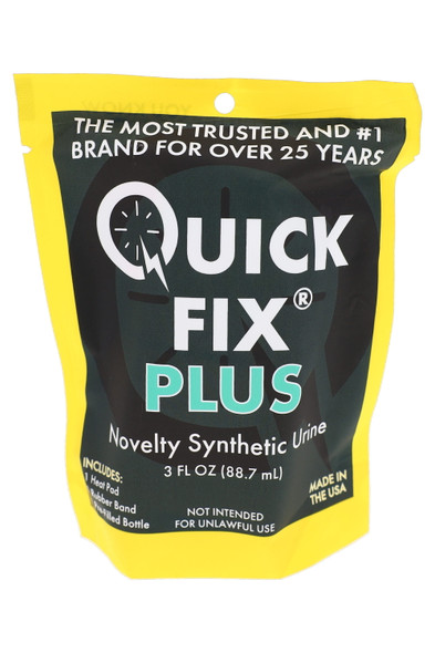 Quick Fix Plus 3 oz pouch, yellow/black front view—wholesale novelty kit with temp strip and heat pad callouts on packaging.