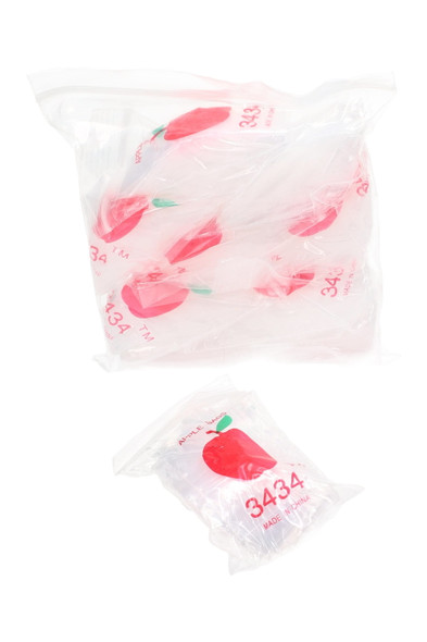 wholesale clear mini Apple Bag bundle, 34×34 mm lot inside larger zip bag, angled reflective shot