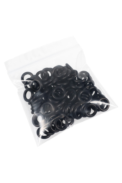 Clear zip bag with 100 black 9 mm O-rings; wholesale replacement parts for water-pipe slides, studio front-angled view on white.