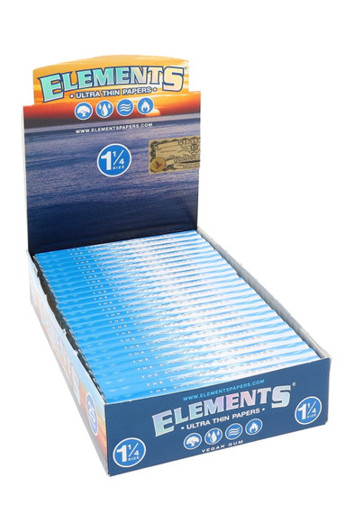 Elements 1 ¼ rolling papers retail display with blue branded box, 25-pack counter-ready wholesale paper supply