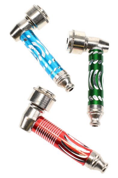 Red, green and blue 3-inch metal smoking pipes with screw-on caps and swirl design on white background.