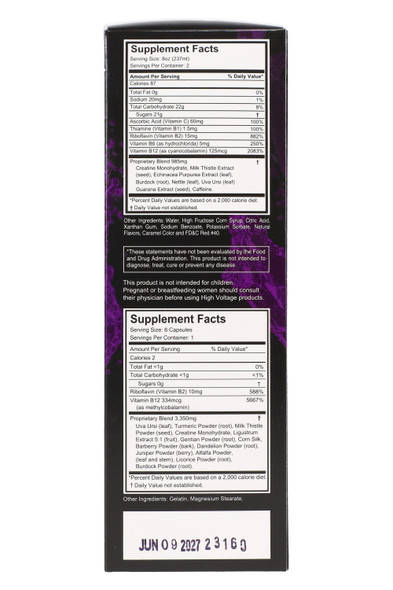 Black retail box, dual Supplement Facts panels for drink and capsules with white text; wholesale packaging details, straight-on shot.