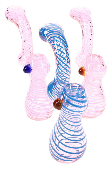 Pink 5.5" striped glass sherlock bubblers with blue/white swirls and marble grips; head-shop wholesale display, high-key front angle.