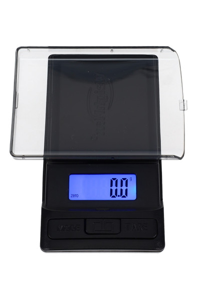 Black WeighMax 650 g pocket scale with clear protective lid and blue LCD display, perfect for wholesale smoke-shop counters.