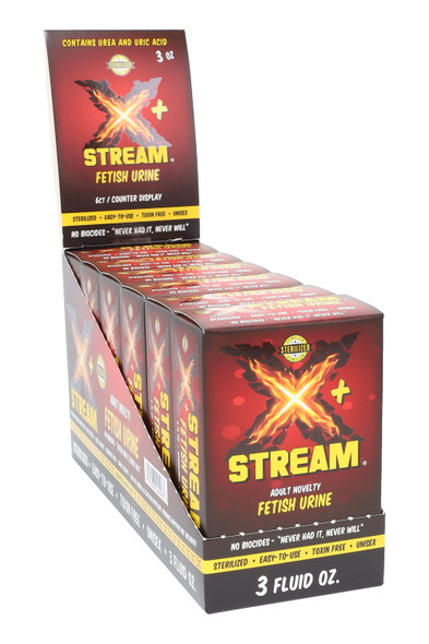 XStream 3 oz synthetic urine six-pack display, red box branding, left-front angle; shelf-ready wholesale kit for smoke-shop counters.