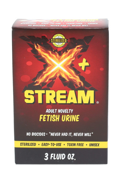 Front view XStream Fetish Urine 3 oz box in red/black with yellow X logo; wholesale novelty test-media kit with clear size callout.