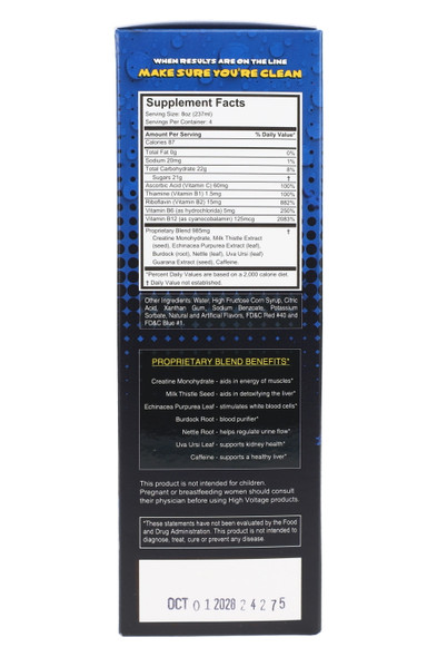 Back of Blue Berry 32 oz Detox box for bulk orders—supplement facts, ingredients, and directions panel, straight-on view.