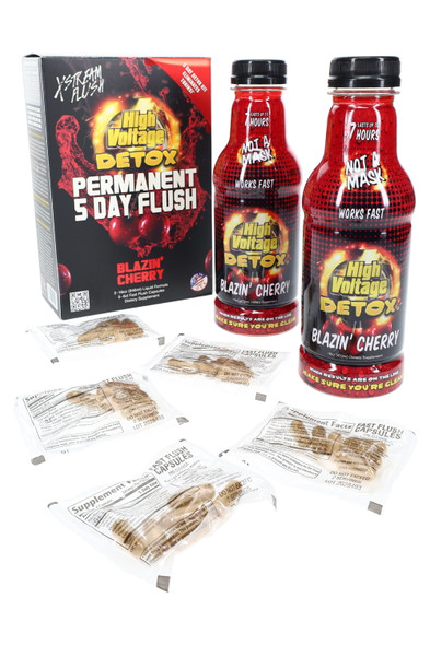 High Voltage Permanent Flush 5-Day kit for wholesale—two 16 oz bottles with five 6-cap packets and retail box, front angle set.