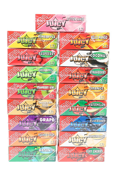 Juicy Jay’s 1 ¼ rolling papers wholesale display, 24 booklets per box, front view of counter-ready pop-up carton for head shops.