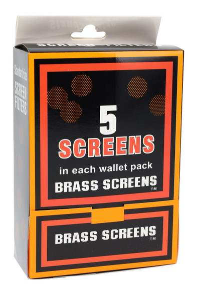 Shelf-ready box labeled “5 Screens” with peg slot, orange/black wallet-pack graphics; brass pipe screen wholesale display packaging, front angle on white. Shelf-ready box labeled “5 Screens” with peg slot, orange/black wallet-pack graphics; brass pipe screen wholesale display packaging, front angle on white.