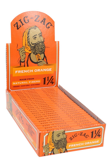Zig-Zag Orange 1 1/4 rolling paper display for wholesale resale, open 24-pack counter box in bright orange