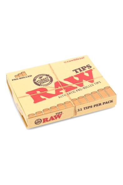 Bulk RAW pre-rolled filter tips single pack, kraft booklet with bold red logo, natural paper look, tilted product angle on white background.