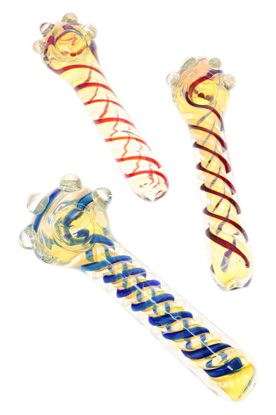 Three 6" color-changing glass spoon pipes with colorful spiral stripes and raised glass accents in assorted colors