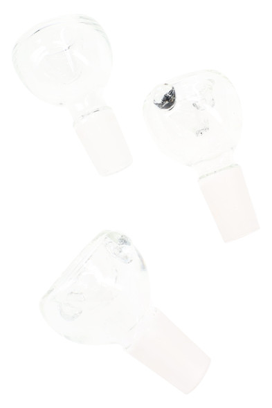 Three clear 14.5 mm male glass-on-glass bowls, assorted angles; wholesale replacement part for resale