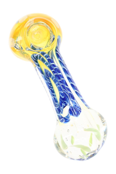 Color-changing glass pipe with blue patterned stripe accents, yellow bowl, and green dot details