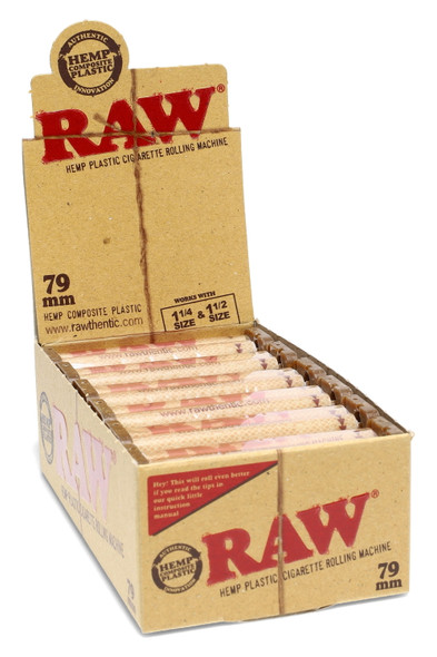 Wholesale RAW 79 mm hemp composite hand roller display, kraft POP box with 12 units, works with 1¼ and 1½ papers, angled front product view.
