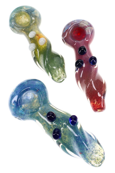 Three silver fumed glass spoon pipes in varied colors with twisted frit effects and raised marble accents