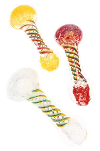 Three color-changing glass pipes with varied Rasta swirl stripes and colorful frit accents arranged on white