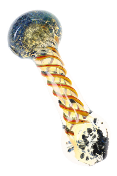 Color-changing glass pipe with yellow and red swirl stripes, dark frit accents, and blue-toned bowl detailing