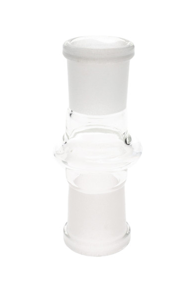 Clear glass female-to-female adapter with frosted 18.8 mm joints, straight profile on white background—reliable head-shop component for retail displays.
