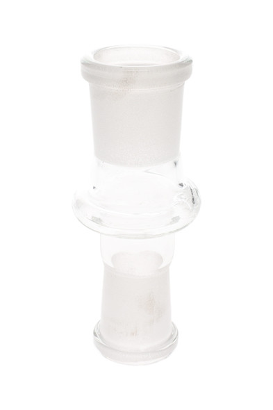 Clear glass female-to-female adapter with frosted 18.8 mm and 14.5 mm joints, studio white angle—practical wholesale head-shop supplies component.
