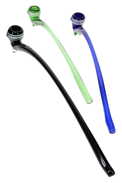 Three extra-long glass Gandalf pipes in black, green, and blue with curved stems and white-striped bowls