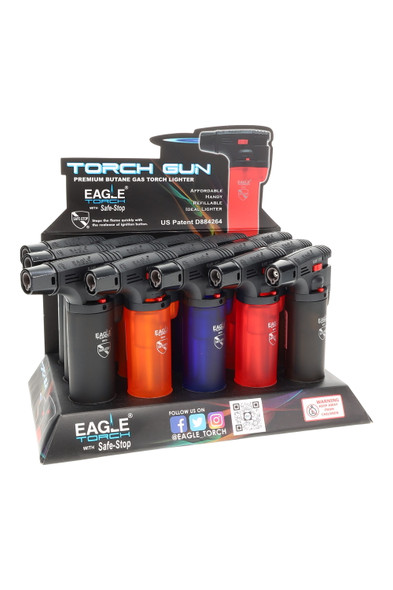 Updated Eagle Torch display with Safe-Stop and US Patent D884264; assorted colors on white background for wholesale buyers, front view.