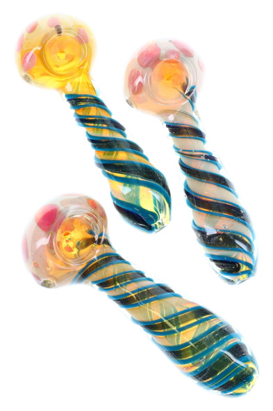 Three 5" color-changing fumed glass spoons with teal spiral stems and amber bubble bowls, overhead white-background view for B2B smoke-shop catalogs Three 5" color-changing fumed glass spoons with teal spiral stems and amber bubble bowls, overhead white-background view for B2B smoke-shop catalogs