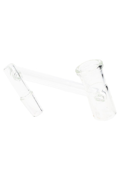 Clear glass drop-down sidecar adapter, 18.8 mm female to 14.5 mm male, non-frosted joints in right-angle view—durable head-shop supplies component.