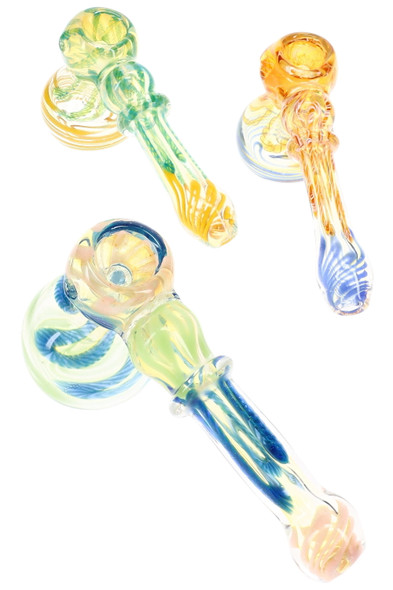 5.5" color-changing multicolor striped hammer bubbler with glass ring feature shown for retail glass cases