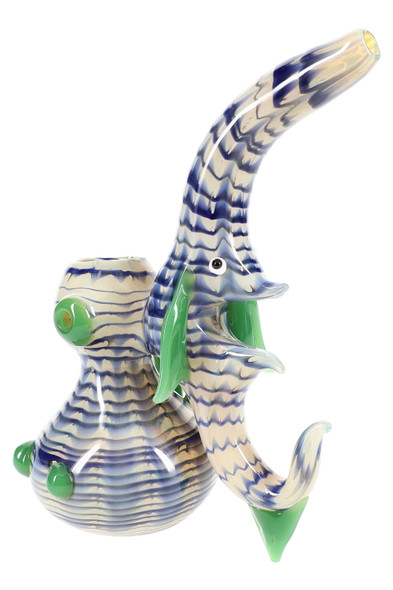 Bulk head-shop glass: 6.5-in spiky reverse sherlock bubbler, clear color-changing body, left profile highlighting green spikes and beaker base.