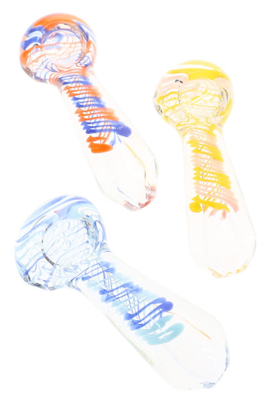 Assorted clear glass spoon hand pipes with colorful wrapped ribbon designs in blue, orange, yellow, and pink displayed together.