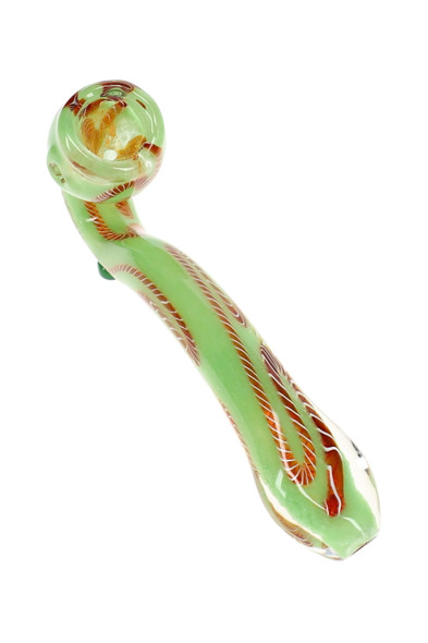 Green 6.5" Sherlock frit glass pipe shown individually with curved neck and red-orange striped details